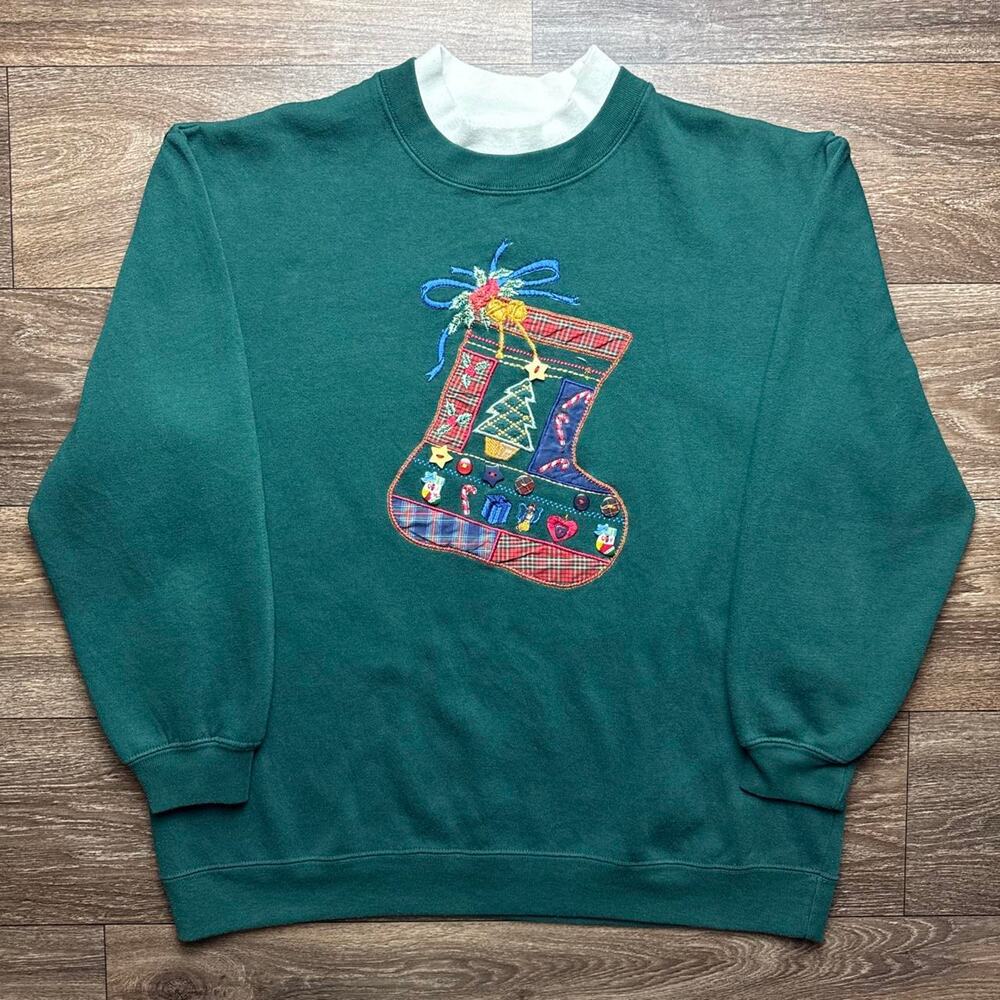 1990s Green Christmas Stocking Crewneck Sweatshirt